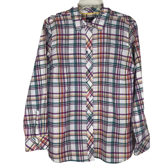 Talbots Petites Plaid Button Up Top White Purple Green Orange Cotton Yellow MP - Picture 1 of 5